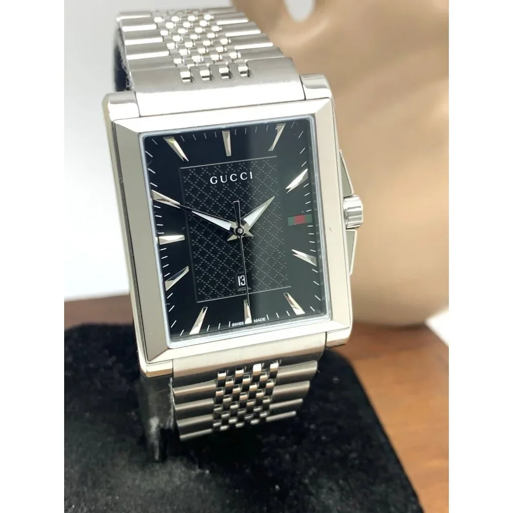 Gucci Men's Watch YA138401 G-Timeless Swiss Quartz Black Dial Silver Steel Tank
